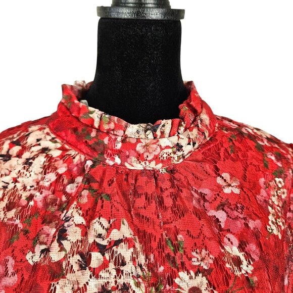 Maison Tara Womens Size 10 Red Floral Long Sheer Sleeve Tiered Ruffle Mini Dress - Picture 6 of 12